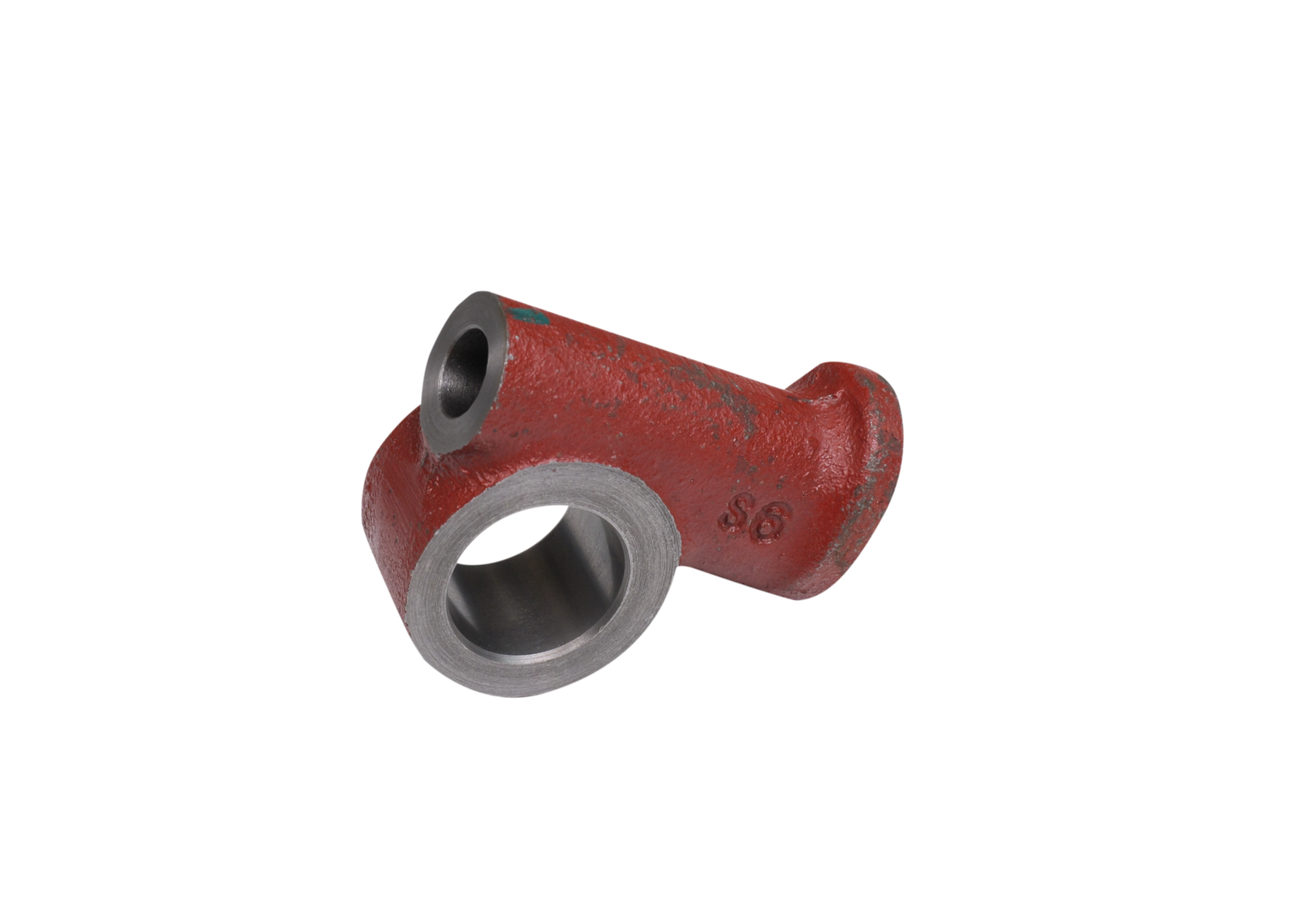 Machined valve lever shaft with a cross-drilled bracket boss
